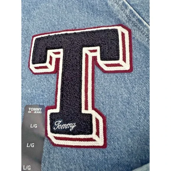 Tommy Jeans Women's Denim Snap-Front Cotton Letterman Jacket Blue Jean L - Picture 9 of 12